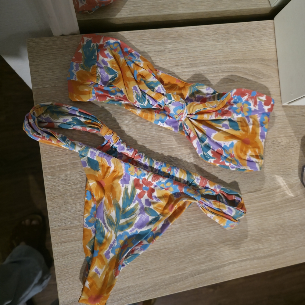 Stone Fox Swim Floral Bandeau Bikini Set in Orange, Blue, Purple
